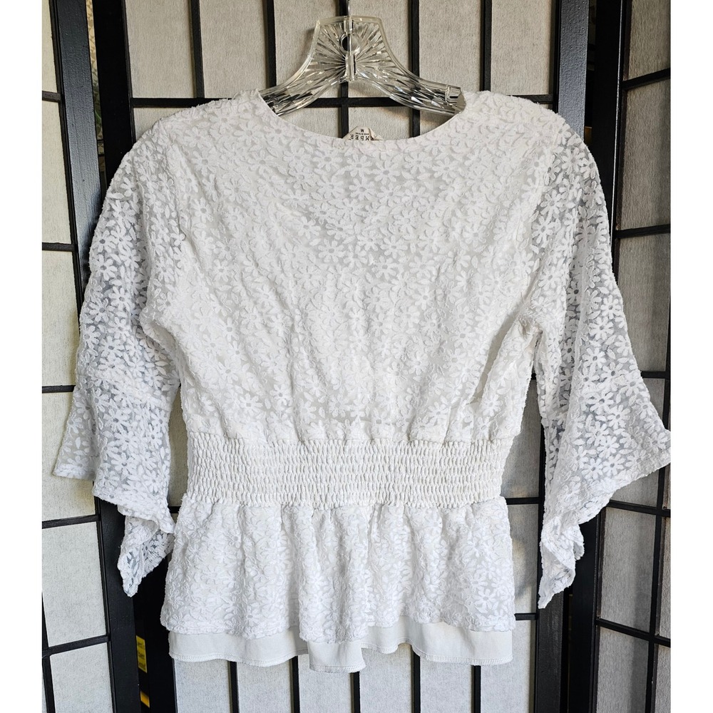 EMBER White Floral Lace Peplum Blouse Boho Flutter Sleeve Top Women's M - Picture 8 of 8